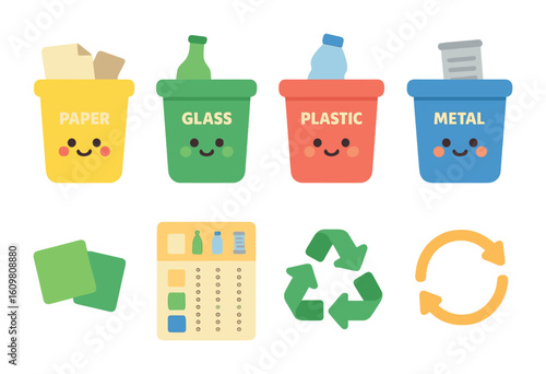 Recycling Bins for Kids. Flat vector mini-illustrations of separating recyclables in colors children's