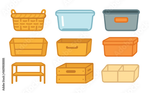 Pantry Organization Icons. Flat vector mini-illustrations of pantry organization bins and baskets in colors