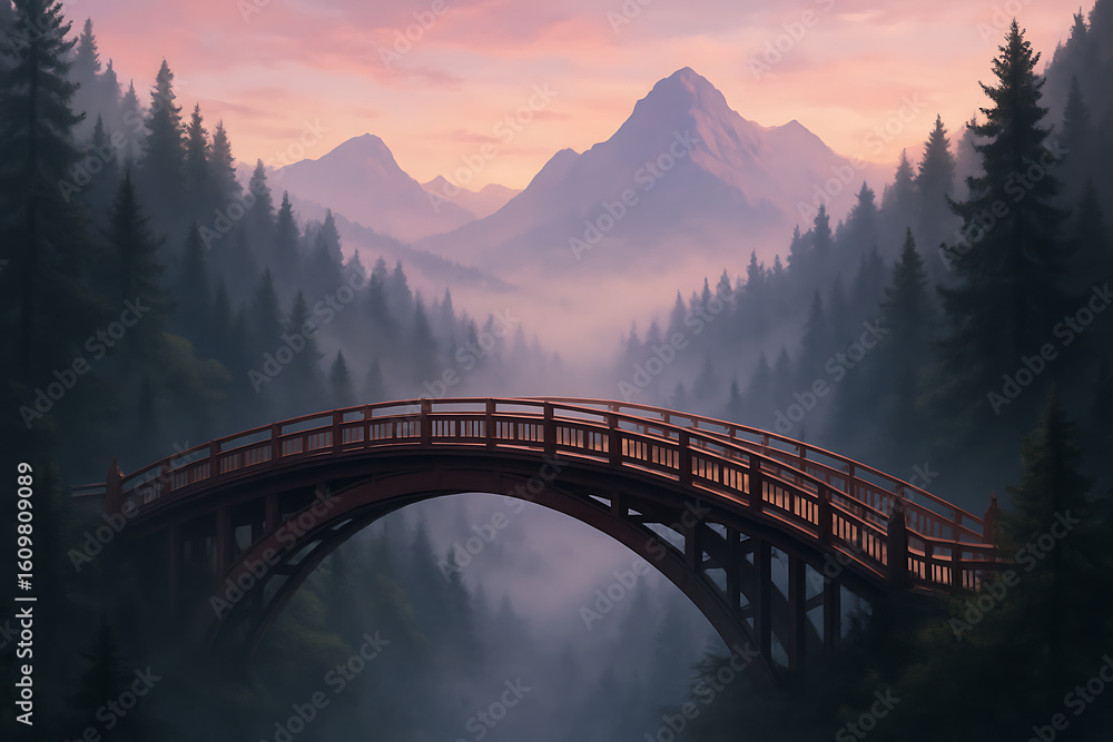 Obraz premium Wooden Bridge Over Misty Forest Valley at Sunrise