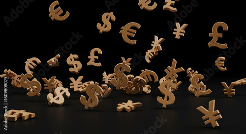 Floating currency symbols in a dark background with dramatic lighting