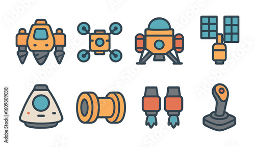 Spacecraft Icons for Kids. Flat vector mini-illustrations of mining spacecraft in colors children's