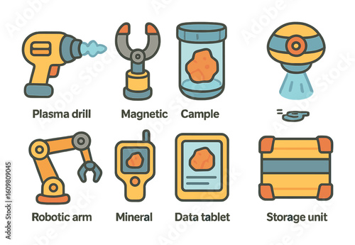 Futuristic Mining Tools Icons. Flat vector mini-illustrations of futuristic mining tools in colors children's