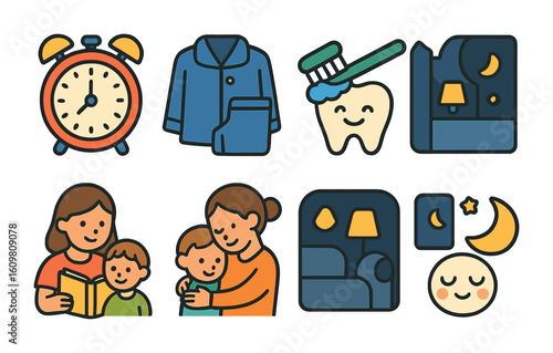 Bedtime Countdown Routine. Flat vector mini-illustrations of bedtime countdown routine in colors children's