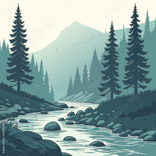 Serene mountain river flowing over smooth rocks depicting a pristine natural landscape with clear flowing water and surrounding stones ideal for outdoor and nature themed designs