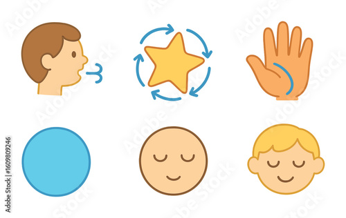 Calming Breathing Exercises Icons. Flat vector mini-illustrations of breathing and calming exercises in colors