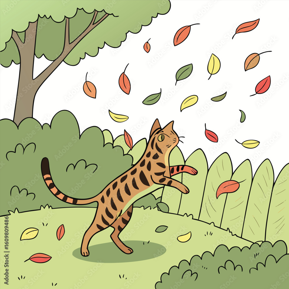 Obraz premium Dynamic bengal cat leaping through a vibrant cascade of colorful autumn leaves captured in a stylized vector illustration with a playful energy