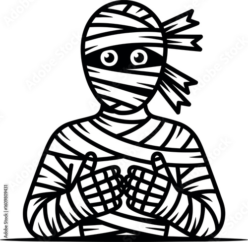 Vector Halloween Mummy Cartoon:  Playful, Black and White Illustration