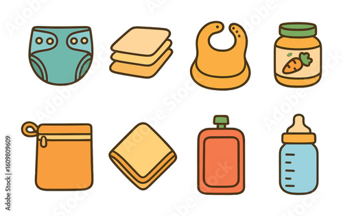 Reusable Baby Essentials. Flat vector mini-illustrations of reusable baby items in colors children's