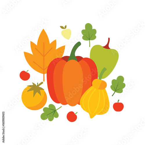 hand drawn fall harvest vegetables and fruits set