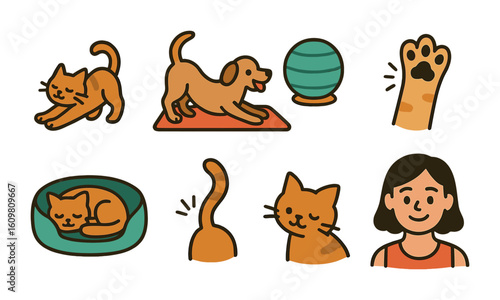 Yoga With Pets. Flat vector mini-illustrations of yoga with pets in colors children's illustrations: