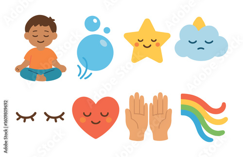 Kids' Meditation Icons. Flat vector mini-illustrations of breathing and meditation for kids in colors children