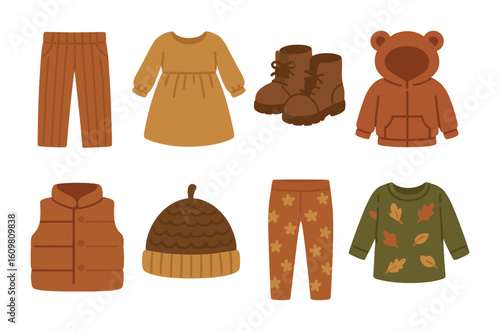Fall Kids' Fashion Icons. Flat vector mini-illustrations of fall kids’ fashion in colors children's