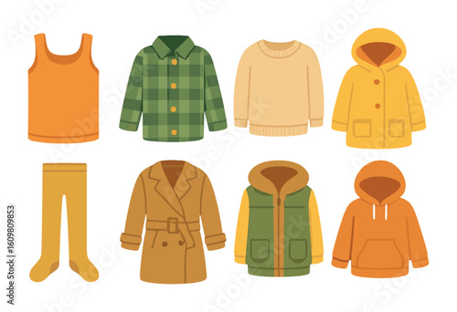 Fall Layering Outfits. Flat vector mini-illustrations of layering outfits for fall in colors children's