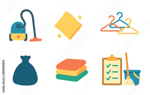 Organized Closet Icons. Flat vector mini-illustrations of closet cleaning day in colors children's