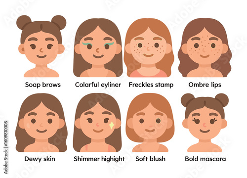 Beauty Trends Grid. Flat vector mini-illustrations of beauty trends in colors children's illustrations: soap
