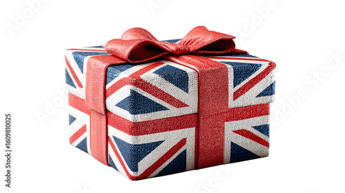 Gift box wrapped in flag colors with badge isolated on transparent background 