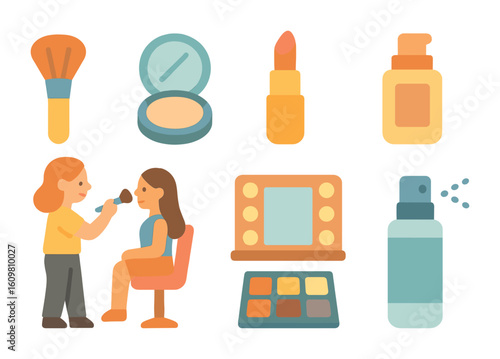 Makeup Session Icons. Flat vector mini-illustrations of a makeup artist applying makeup for a photoshoot in