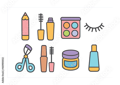 Colorful Eye Makeup Grid. Flat vector mini-illustrations of eye makeup products in colors children's