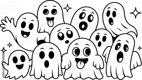 Playful Halloween Vector Ghosts: Cute Cartoon Spooky Group Illustration