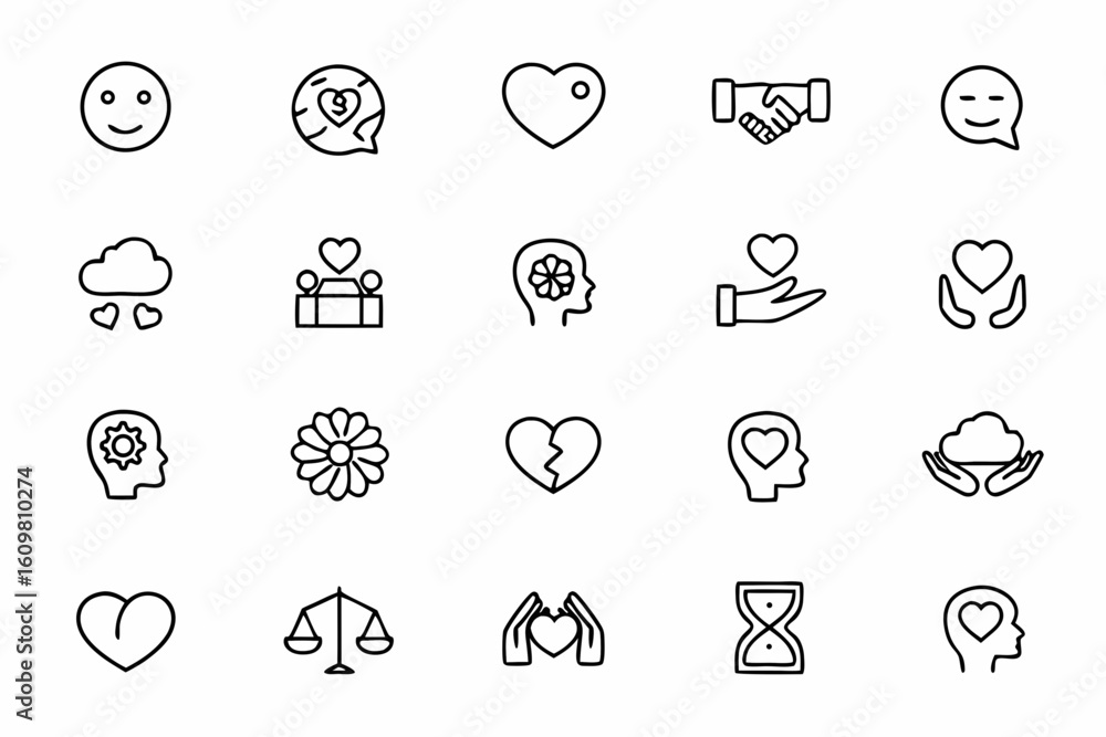 Fototapeta premium A heartfelt and uplifting icon set supporting emotional care, therapy, and inner peace. Perfect for counseling services, wellness apps, mental health campaigns, and daily planners