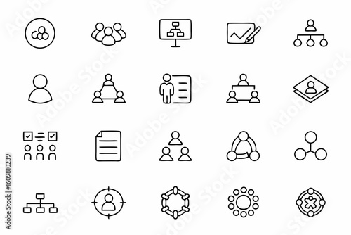 A functional and practical icon set highlighting collaborative tools and structured teamwork. Ideal for product management dashboards, workflow diagrams, and productivity apps