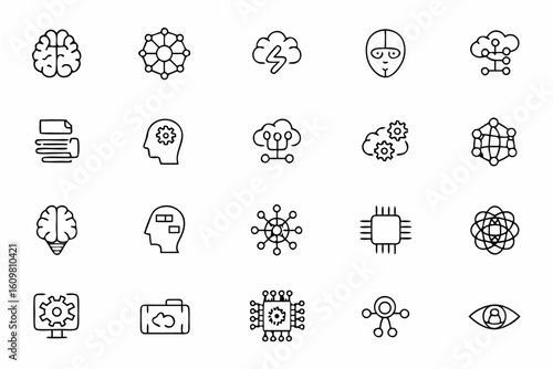 A sleek and intelligent collection of futuristic line icons illustrating the core concepts of AI and automation. Ideal for AI startups, data science presentations, tech dashboards, and app UI design
