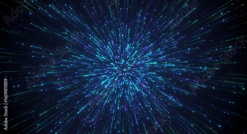 Radiating blue and green light particle explosion background