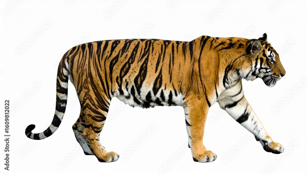 Fototapeta premium Striped Tiger Walking, Isolated White Background, Wild Cat, Big Cat, Mammal, Predator, Fauna, Wildli
