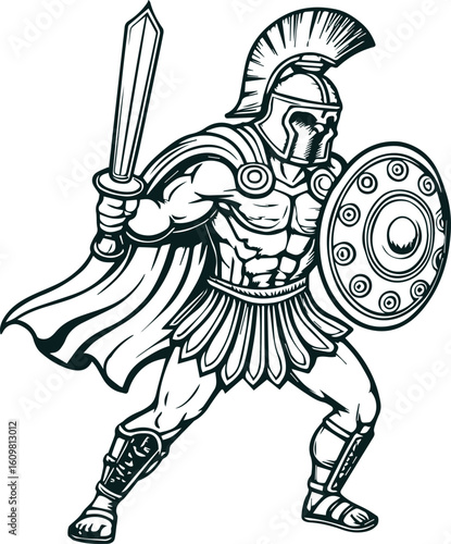 Spartan Warrior Emblem: A stoic Spartan warrior, clad in formidable armor, stands poised with sword and shield, embodying courage and strength in the ancient world.