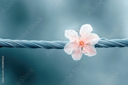 A delicate pale pink flower rests on a twisted steel cable against a soft blue blurred background.