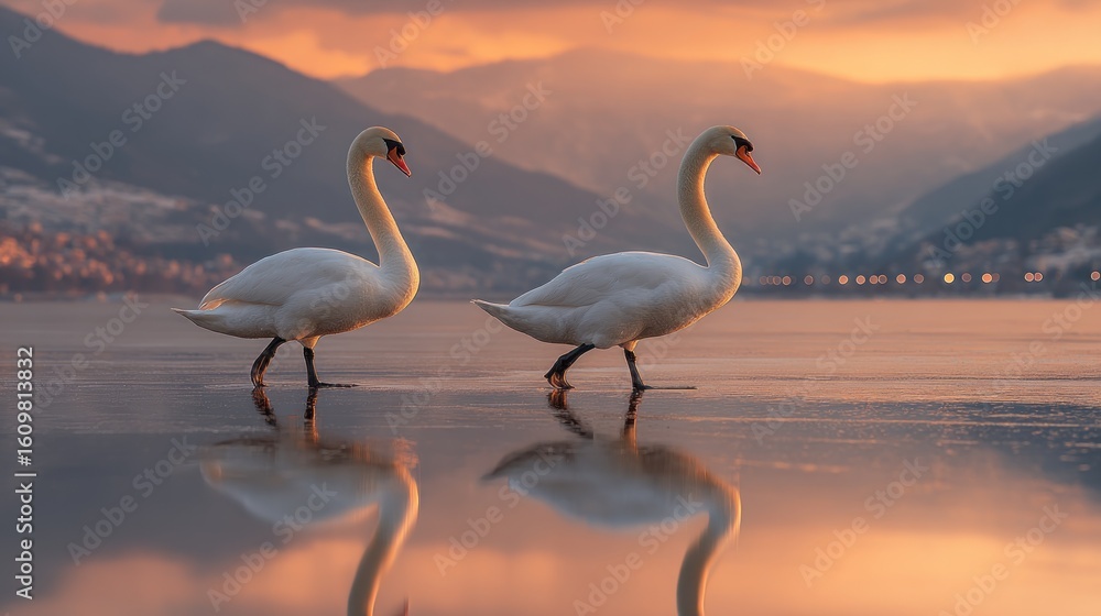 Fototapeta premium Two swans on frozen lake at sunrise