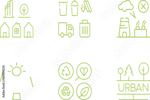 Vector art of a collection of green ecofriendly icons for urban living and sustainability