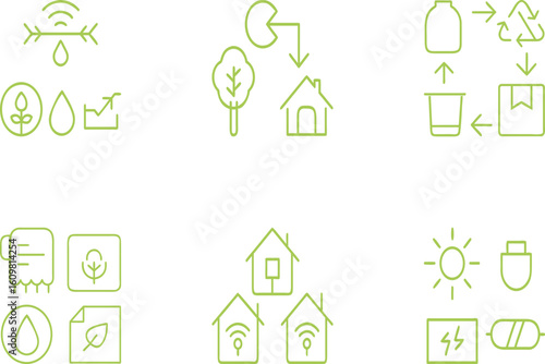 Vector art of icons illustrating smart city concepts, renewable energy, and ecofriendly practices