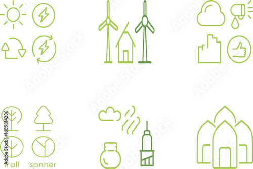 Vector art of sustainable energy and city icons, including solar, wind, and ecofriendly symbols