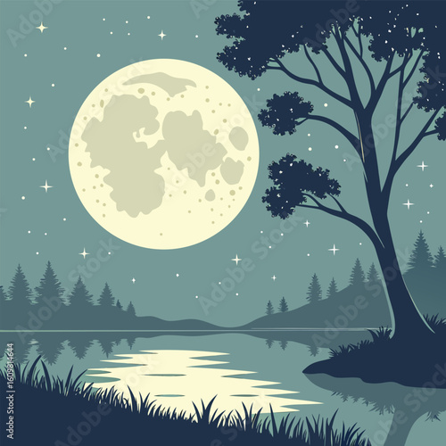 A luminous full moon shines brightly over a tranquil dark lake reflecting its glow on the calm water s surface creating a serene night landscape