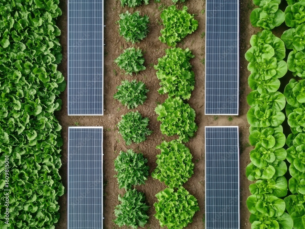 Fototapeta premium electricity transmission sustainability Concept. Lush green crops neatly arranged with solar panels in between.