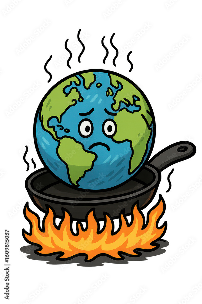 Fototapeta premium Planet earth is overheating in a frying pan on fire with transparent background