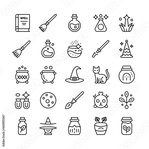 Witchy objects spell book broom potion cauldron hat cat jar plant magic