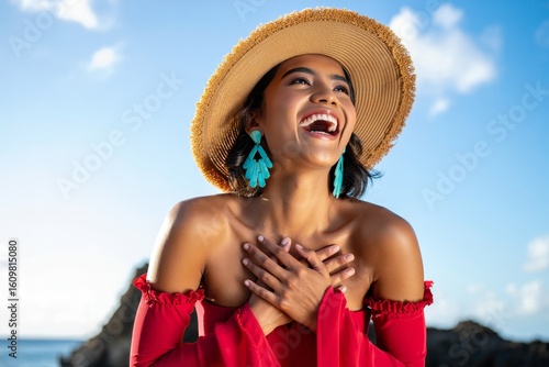Beautiful woman laughing in sun hat on beach vacation with turquoise earrings style