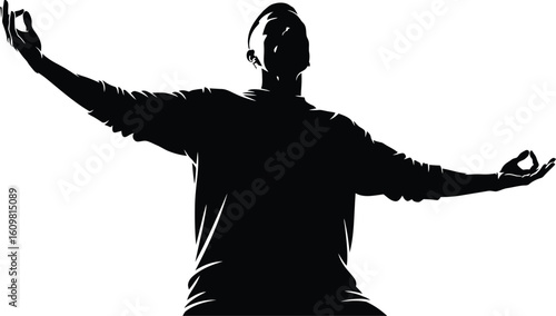 Black silhouette of a man with arms outstretched in a meditative pose meditation