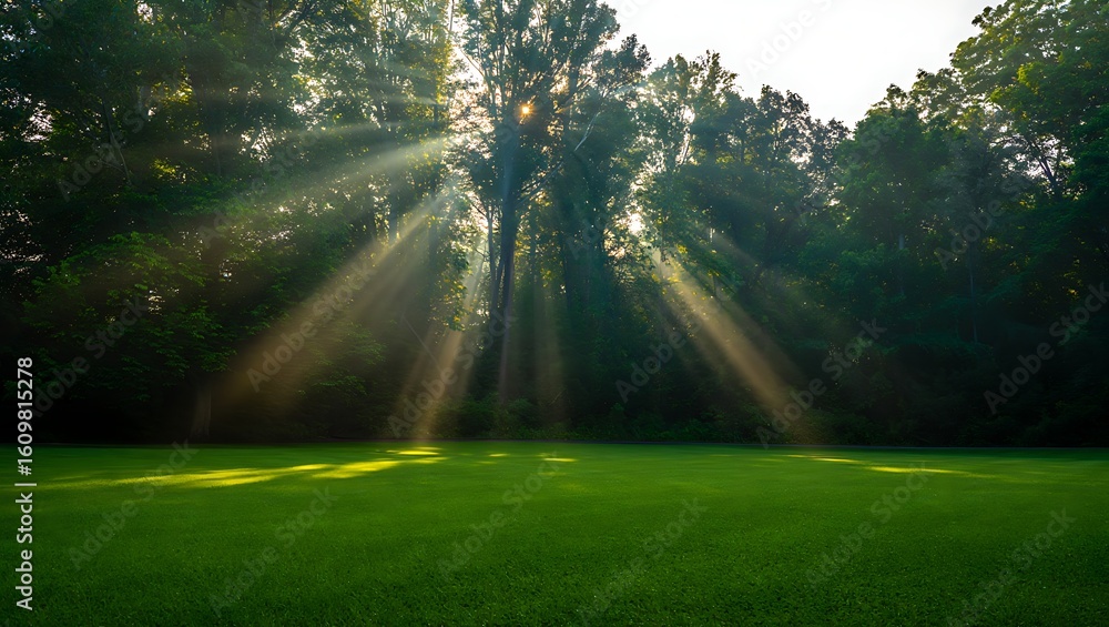 Naklejka premium Sunbeams pierce through dense forest canopy illuminating a vibrant green grassy clearing with dappled light