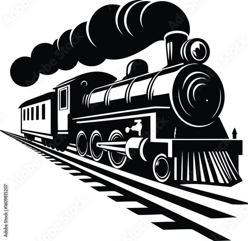 Classic steam locomotive with smoke on railroad tracks facing right
