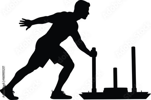 Black silhouette of a man pushing a weighted sled during training vector