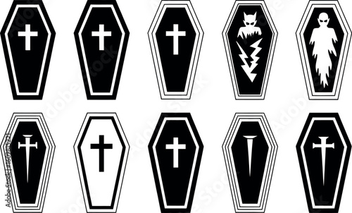 Spooky Vector Coffin Icons: Halloween, Gothic, Black and White