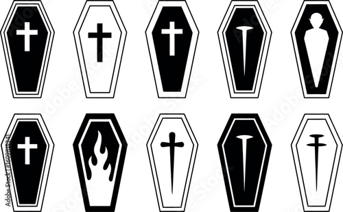 Vector illustration: Ten diverse coffin icons; black, white, cross, flame, nail.