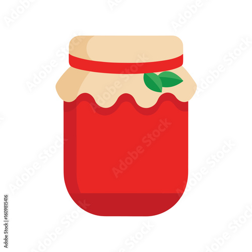 glass jar of strawberry jam with fabric lid