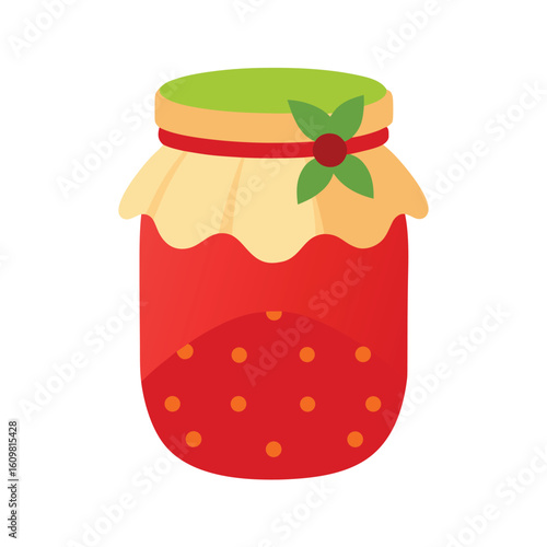 glass jar of strawberry jam with fabric lid
