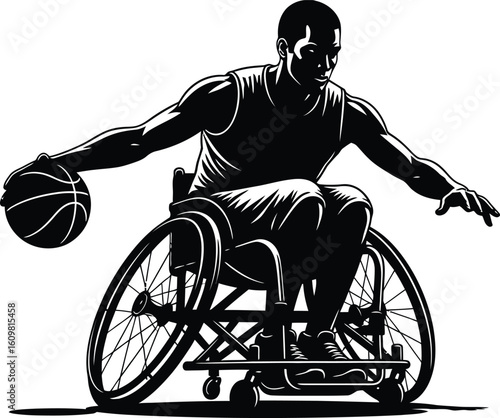 Black and white silhouette of a man playing basketball in a wheelchair basketball