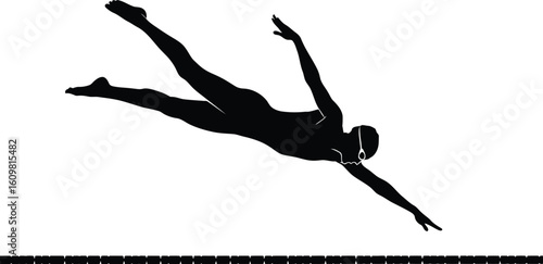 Black silhouette of a swimmer diving with arms outstretched swimming black and white