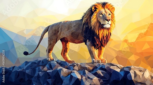 Magnificent low poly lion standing proudly on rocky mountain in golden hour photo